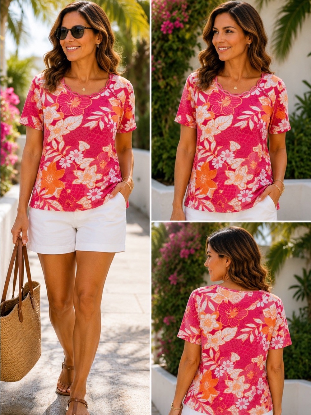 Alfred Dunner Pink and Orange Floral Scoop Neck Short Sleeve Top